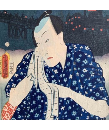 Estampe Japonaise Encadrée de Kunisada | Portrait d'acteur sur paysage nocturne de l' environnement