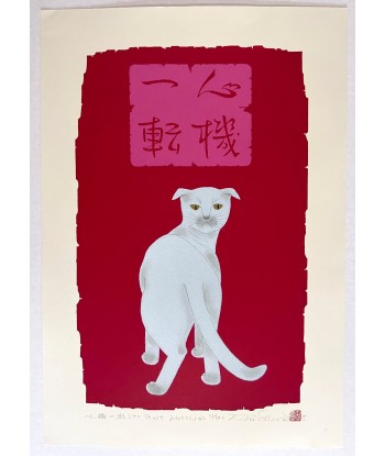 Estampe Japonaise de Nishida Tadashige | chat blanc se retournant Venez acheter