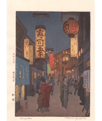 Estampe Japonaise de Yoshida Toshi | Tokyo, le quartier de Shinjuku la nuit hantent personnes