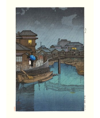 Pont sous la pluie à Ryoshimachi, Shinagawa de Hasui Kawase | Reproduction Fine Art 50% de réduction en Octobre 2024