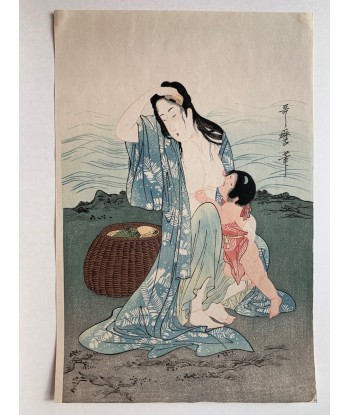 Estampe Japonaise de Utamaro Kitagawa | Les pêcheuses d'Abalones |  partie centrale du triptyque Les êtres humains sont 