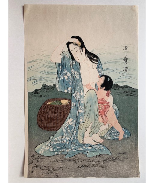 Estampe Japonaise de Utamaro Kitagawa | Les pêcheuses d'Abalones |  partie centrale du triptyque Les êtres humains sont 