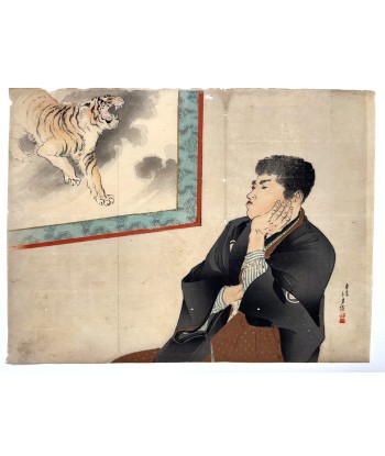 Estampe Japonaise Kuchi-e Encadrée de Toshikata Mizuno | Homme regardant un tigre en ligne