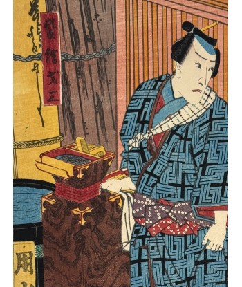 Estampe Japonaise de Kunisada | Scène de Kabuki, Le coiffeur Saizô Par le système avancé 