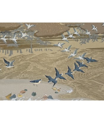 Estampe Japonaise Ecole Kano | Envol d'oiseaux sur la plage Fin de série