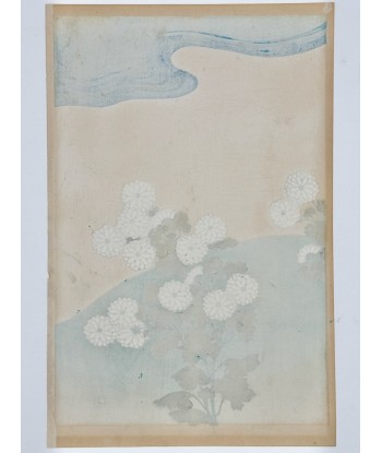 Estampe Japonaise Ecole Rinpa | Chrysanthèmes et vague bleue solde