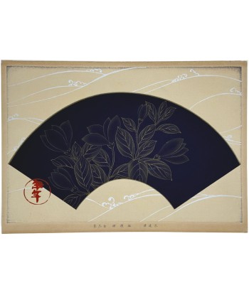 Estampe Japonaise Ecole Rinpa | Fleurs de magnolia sur forme d'éventail bleu nuit prix pour 