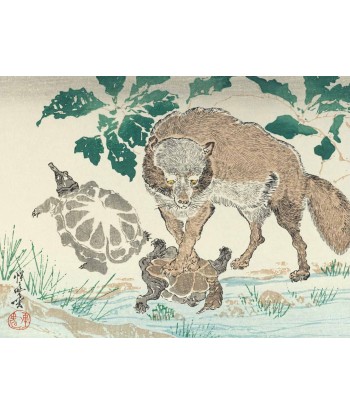 Estampe Japonaise de Kyosai | Tanuki et tortues brillant des détails fins