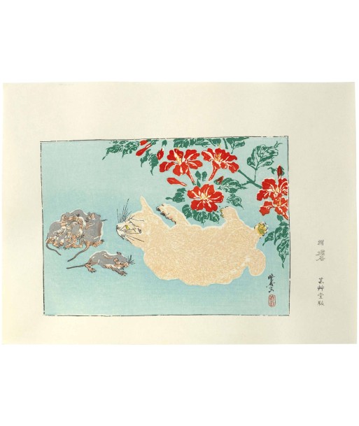 Estampe Japonaise de Kyosai | Chat et souris Les magasins à Paris