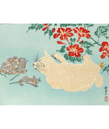 Estampe Japonaise de Kyosai | Chat et souris Les magasins à Paris