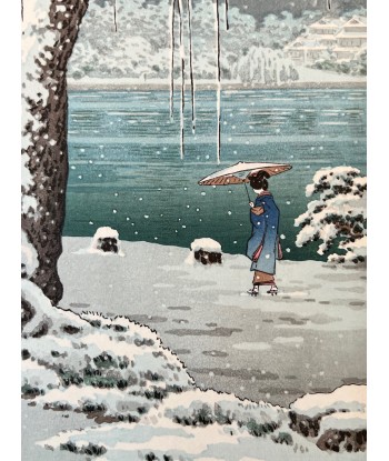 Estampe Japonaise de Koitsu Tsuchiya | L'étang de Sarusawa sous la neige, à Nara ouvre sa boutique