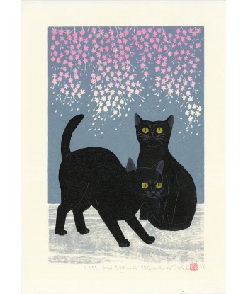 Estampe Japonaise de Nishida Tadashige | Chat Noir et Sakura hantent personnes