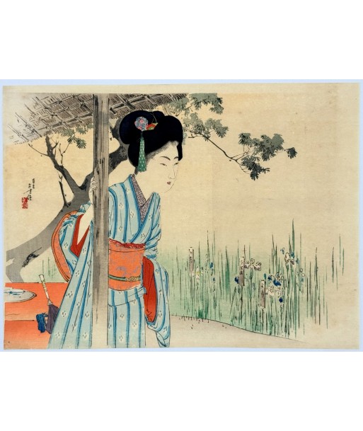 Estampe Japonaise Kuchi-e de Toshikata Mizuno | Jeune femme dans un jardin d'iris solde