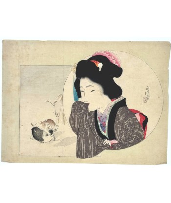 Estampe Japonaise de Tomioka Eisen | Femme et chiots s'amusant sélection de produits