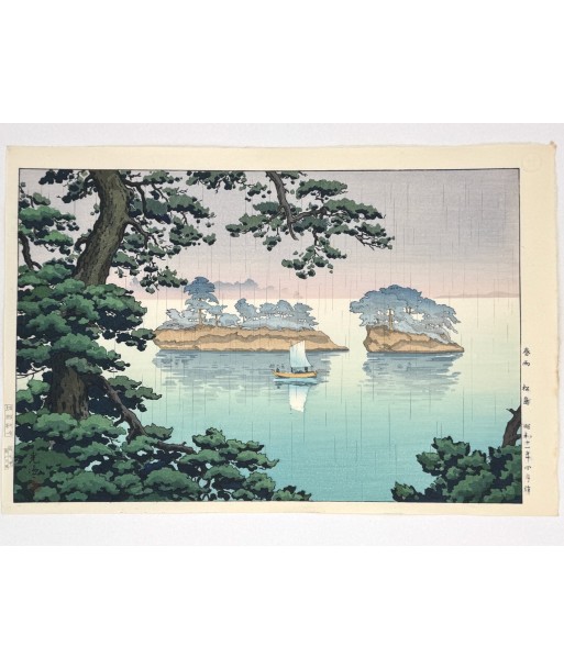 Estampe Japonaise de Koitsu Tsuchiya |  pluie de printemps à Matsushima la colonne vertébrale