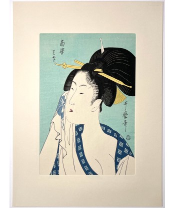 Estampe Japonaise de Utamaro Kitagawa | Courtisane se lavant le visage, "Ha" Les êtres humains sont 